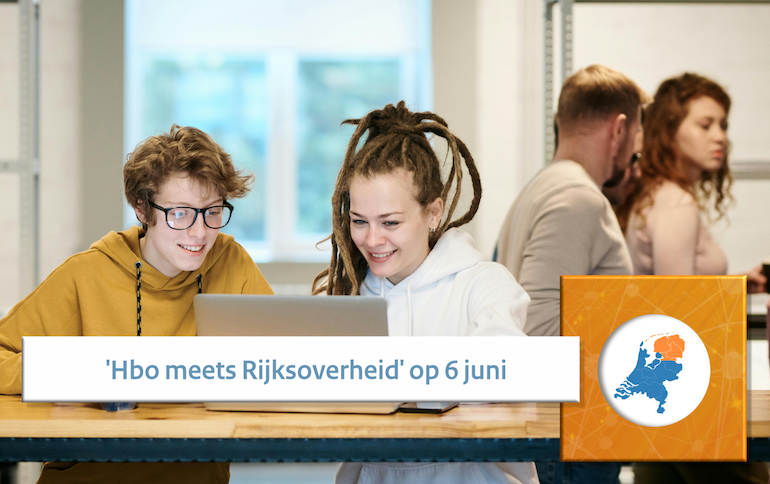 Beeld van studenten achter een laptop met daarbij de tekst 'Hbo meets Rijksoverheid op 6 juni'